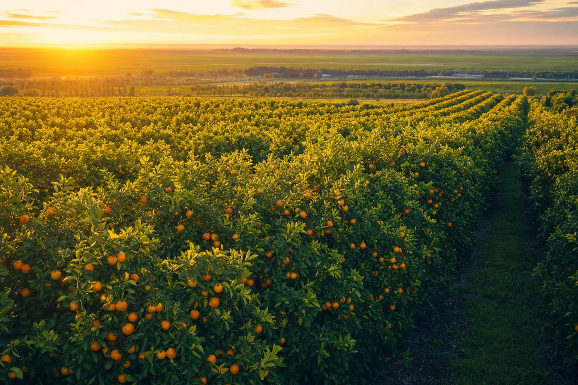 Sunrise over a Florida citrus grove heavy with ripe fruit
