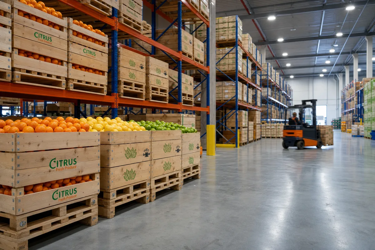 Interior of a modern fresh-produce distribution warehouse stacked with crates